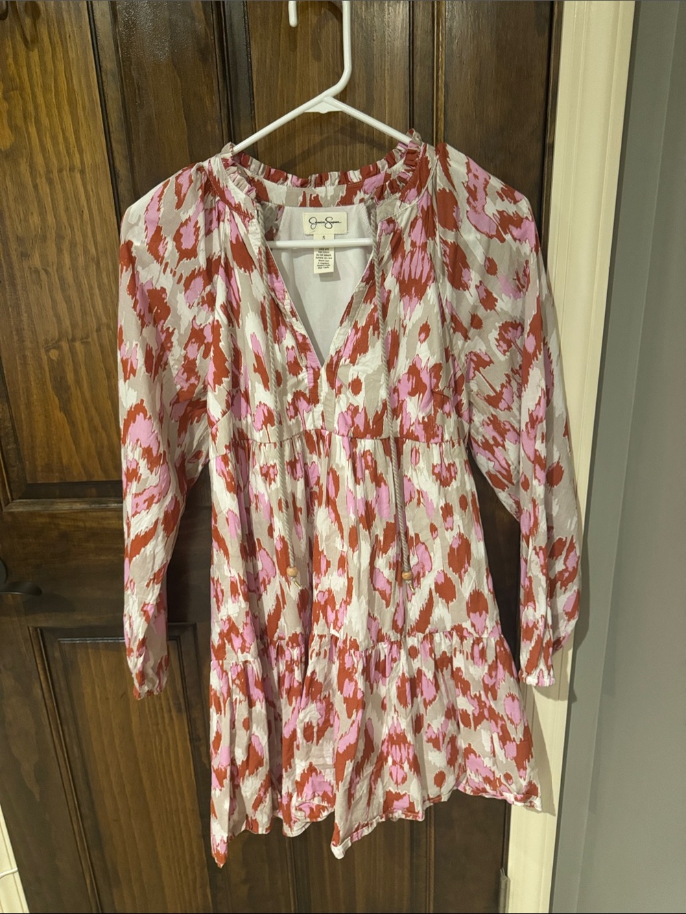 Jessica Simpson Pink and Rust Abstract Floral Tiered Dress